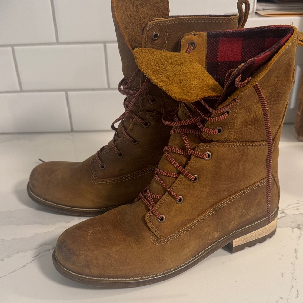 Kodiak Tan Suede Boots with Red & Black Plaid Lining